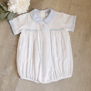 Smocked White & Blue Sailboat Romper Heirloom Feltman Brother Friedknit Preemie